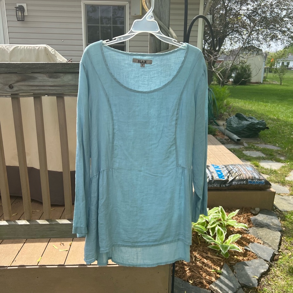 Flax medium peplum linen flowy top blue tunic long sleeve